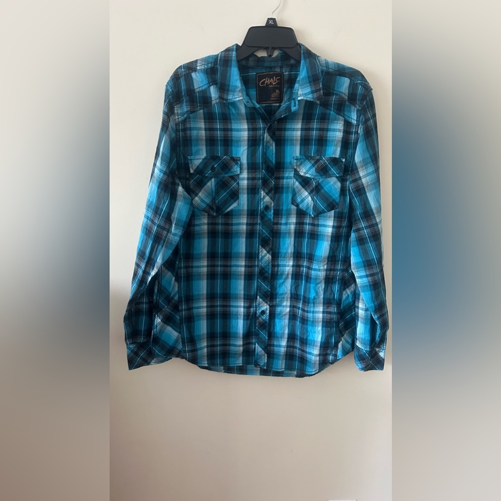 CHALC MEN'S BLUE WHITE PLAID WESTERN‎ LONG SLEEVE SHIRT XL